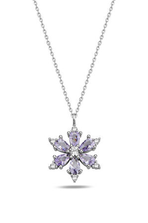 Gümüş Renk Lila Damla Taşlı Lotus Kamelya Çiçeği Çelik Kolye - 3416