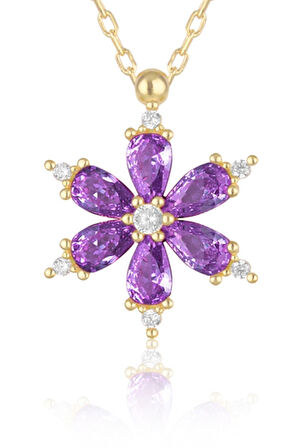 Altın Renk Mor Damla Taşlı Lotus Kamelya Çiçeği Çelik Kolye - 3418