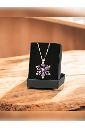 Altın Renk Mor Damla Taşlı Lotus Kamelya Çiçeği Çelik Kolye - 3418