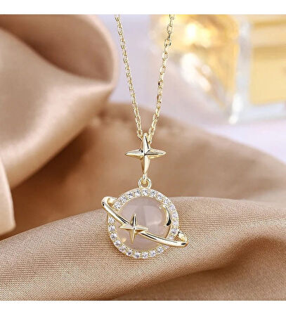 Altın Renk Opal Yıldız Gezegen  Satürn Çelik Kolye - 3419