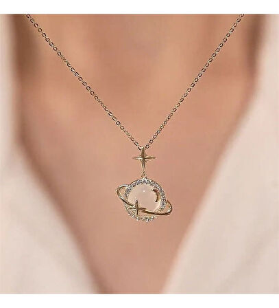 Altın Renk Opal Yıldız Gezegen  Satürn Çelik Kolye - 3419