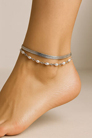 Gümüş Renk İtalyan Silindir Sıra İncil Katmanlı Çelik Halhal  - 3458