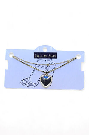 Altın Renk Top Asansör Büyük Kalp Nazar Göz Çelik Halhal - 3470