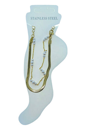 Altın Renk İtalyan 3 İnci Çelik Halhal - 3491