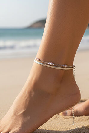 Gümüş Renk İtalyan 3 İnci Çelik Halhal - 3492