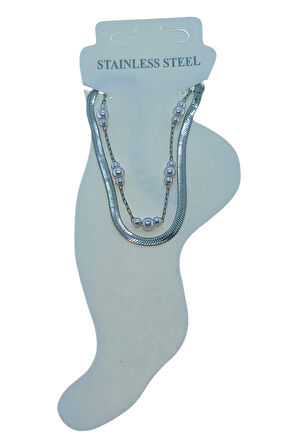 Gümüş Renk İtalyan 3 İnci Çelik Halhal - 3492