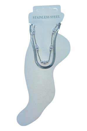 Gümüş Renk İtalyan 3 İnci Çelik Halhal - 3492