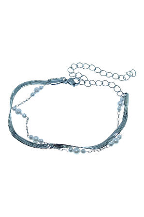 Gümüş Renk İtalyan 3 İnci Çelik Halhal - 3492