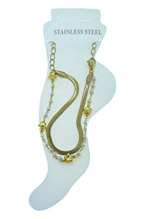 Altın Renk İtalyan Yıldız Sıra İnci Çelik Halhal - 3497