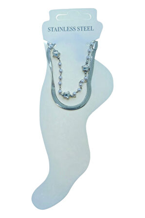 Gümüş Renk İtalyan Yıldız Sıra İnci Çelik Halhal - 3498