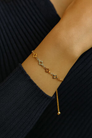 Altın Renk Sarı Beyaz Van Cleff Asansör Çelik Bileklik - 3582