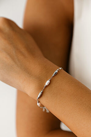 Gümüş Renk Silindir İnci Metal Asansör Çelik Bileklik - 3584