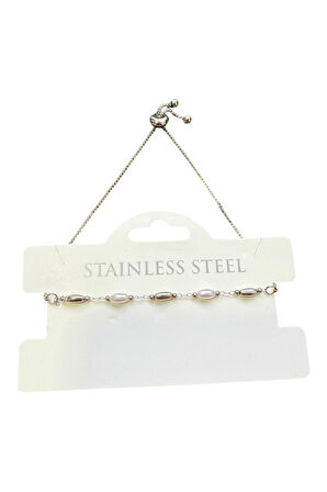 Gümüş Renk Silindir İnci Metal Asansör Çelik Bileklik - 3584