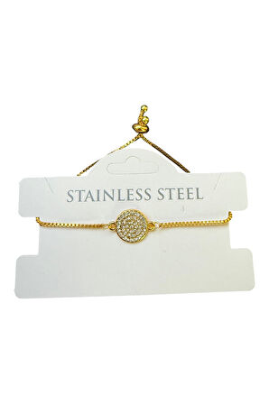 Altın Renk Yuvarlak Beyaz Taş Asansör Çelik Bileklik - 3585