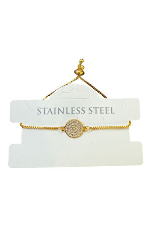 Altın Renk Yuvarlak Beyaz Taş Asansör Çelik Bileklik - 3585