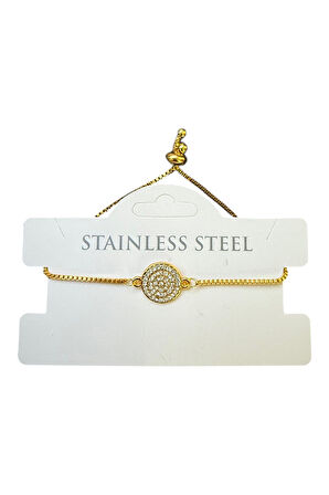 Altın Renk Yuvarlak Beyaz Taş Asansör Çelik Bileklik - 3585