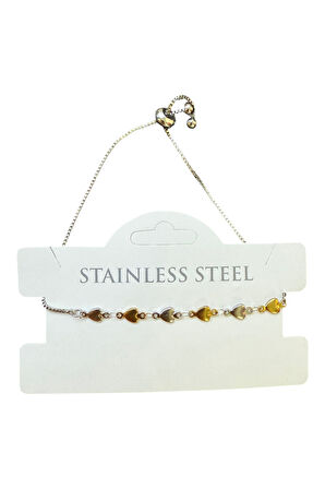 Gümüş Renk Kalp Sarı Beyaz Zincir Asansör Çelik Bileklik - 3586