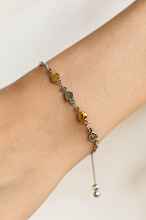 Gümüş Renk Kalp Sarı Beyaz Zincir Asansör Çelik Bileklik - 3586