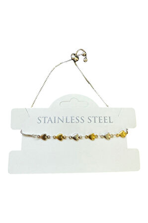 Gümüş Renk Kalp Sarı Beyaz Zincir Asansör Çelik Bileklik - 3586