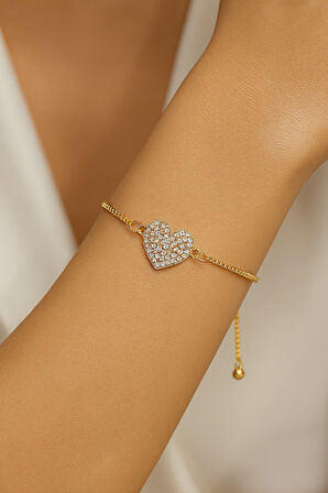 Altın Renk Çok Taşlı Kalp  Asansör Çelik Bileklik - 3587