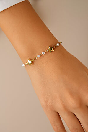 Altın Renk Yıldız Sıra İnci Asansör Çelik Bileklik - 3591