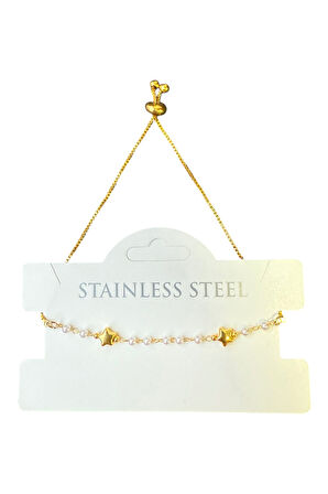 Altın Renk Yıldız Sıra İnci Asansör Çelik Bileklik - 3591