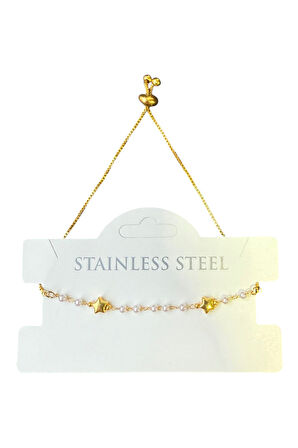 Altın Renk Yıldız Sıra İnci Asansör Çelik Bileklik - 3591