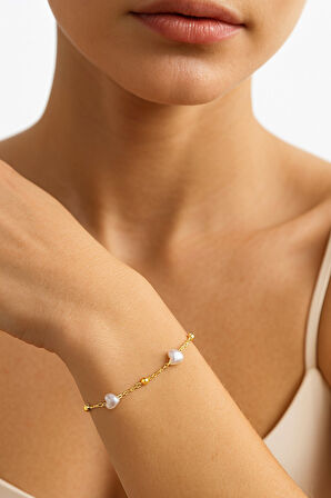 Altın Renk Kalp İnci Zincir Asansör Çelik Bileklik - 3592