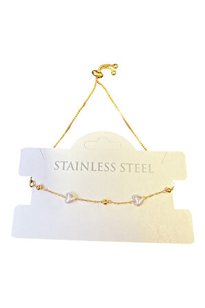 Altın Renk Kalp İnci Zincir Asansör Çelik Bileklik - 3592