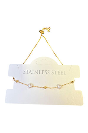 Altın Renk Kalp İnci Zincir Asansör Çelik Bileklik - 3592