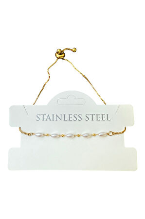 Altın Renk Silindir İnci Zincir Asansör Çelik Bileklik - 3593