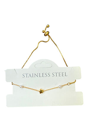 Altın Renk Yıldız İnci Asansör Çelik Bileklik - 3594