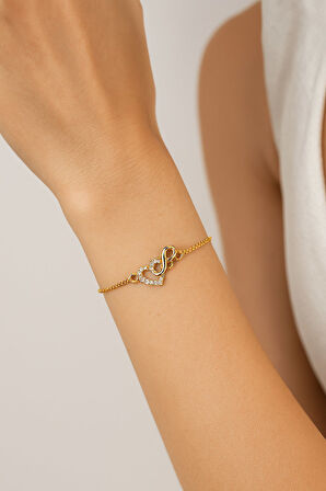 Altın Renk Kalp Sonsuzluk Asansör Çelik Bileklik - 3595