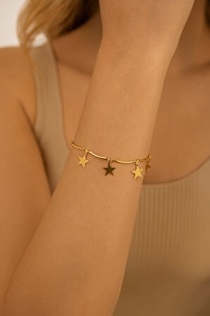 Altın Renk Birbirine Ekli Yıldız Asansör Çelik Bileklik - 3596