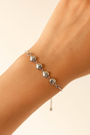 Gümüş Renk Sıralı Kalp Asansör Çelik Bileklik - 3603