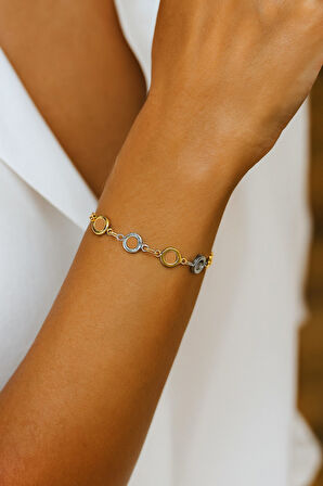 Altın Renk Yuvarlak Sarı Beyaz Zincir Asansör Çelik Bileklik - 3607