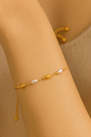 Altın Renk Silindir İnci Sarı Metal Asansör Çelik Bileklik - 3610