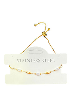 Altın Renk Silindir İnci Sarı Metal Asansör Çelik Bileklik - 3610