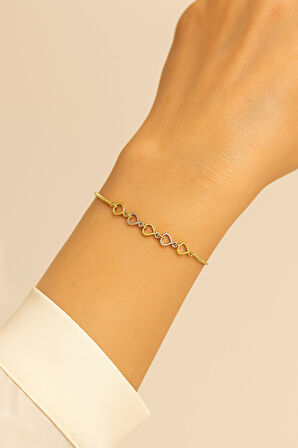 Altın Renk İçi Boş Kalp Sarı Beyaz Zincir Asansör Çelik Bileklik - 3612