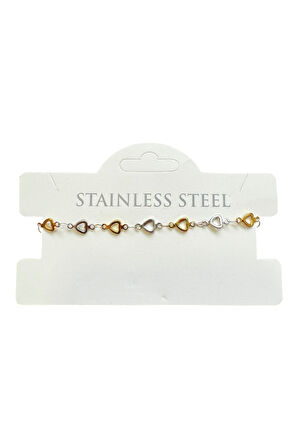 Altın Renk İçi Boş Kalp Sarı Beyaz Zincir Asansör Çelik Bileklik - 3612