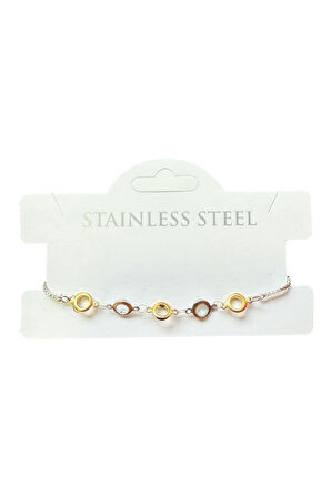 Gümüş Renk Yuvarlak Zincir Sarı Beyaz Asansör Çelik Bileklik - 3621