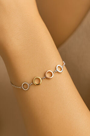 Gümüş Renk Yuvarlak Zincir Sarı Beyaz Asansör Çelik Bileklik - 3621