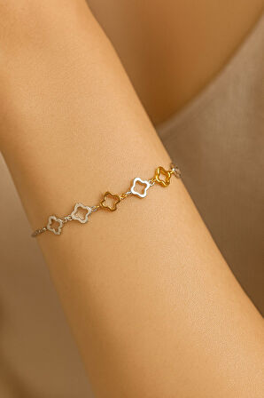 Gümüş Renk Van Cleef Zincir Sarı Beyaz Asansör Çelik Bileklik - 3622