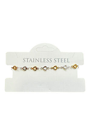 Gümüş Renk İçi Boş Kalp Zincir Sarı Beyaz Asansör Çelik Bileklik - 3623