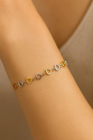 Gümüş Renk İçi Boş Kalp Zincir Sarı Beyaz Asansör Çelik Bileklik - 3623