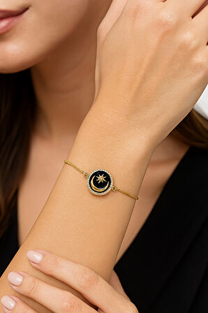 Altın Renk Siyah Mine Ay Yıldız Asansör Çelik Bileklik - 3624
