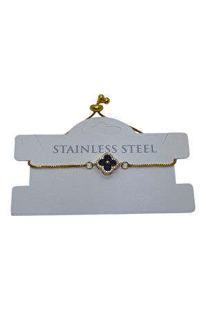 Altın Renk Siyah Taş Van Cleff Yonca Asansör Çelik Bileklik - 3625