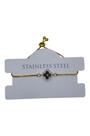 Altın Renk Siyah Taş Van Cleff Yonca Asansör Çelik Bileklik - 3625