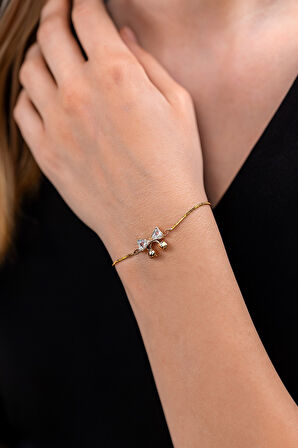 Altın Renk Fiyonk Zirkon Büyük Taş Asansör Çelik Bileklik - 3627