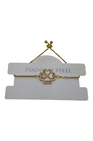 Altın Renk Van Cleef Yonca Krem Sedef Asansör Çelik Bileklik - 3630